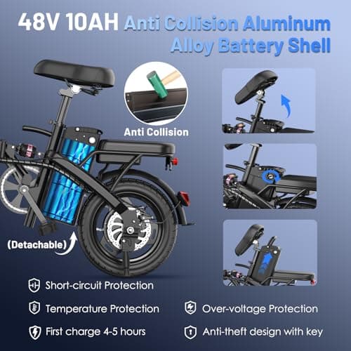 Electric Bike for Adults and Teens, 740W Peak Motor E-Bike with 30-60 Miles PAS Range, 48V 10AH/20AH Removable Battery, 14" Folding Mini Ebike with 20MPH, Electric Bicycle for Commute