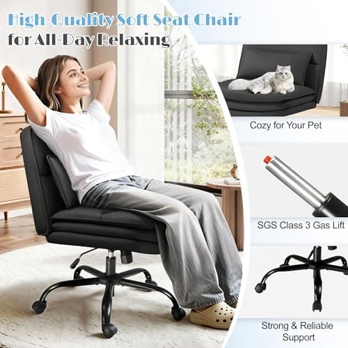 Furmax Criss Cross Legged Office Chair with Wheels, Armless Extra Wide Seat Swivel Desk Chair, Adjustable Height Comfy Task Chair with Thick Cushion for Home Office Bedroom Vanity (PU Leather, Black)