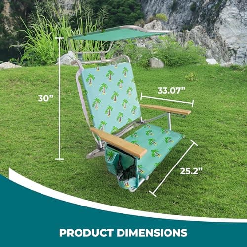 Bliss Hammocks Folding Beach Chair Recliner with Canopy Shade, Palm Tree