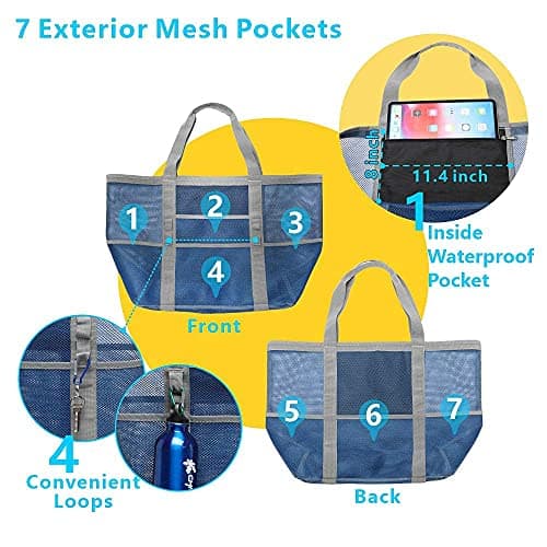F-color Mesh Beach Bag Family - Large Tote Bag 9 Pockets for Swim Pool Toys Cruise Beach Vacation Essentials
