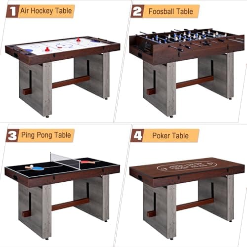 4-in-1 Combo Game Table 55" Multi-Game Table with Foosball, Electric Air Hockey (Powerful 700mA Motor), Ping Pong & Poker Great for Home & Game Room Fun