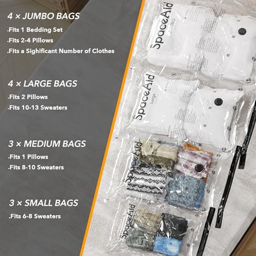 SpaceAid 14 Pack Vacuum Storage Bags with Electric Air Pump, Space Saver Sealer Compression Bags for Comforters, Blankets, Pillows, Bedding, Clothes (4 Jumbo/4 Large/3 Medium/3 Small)