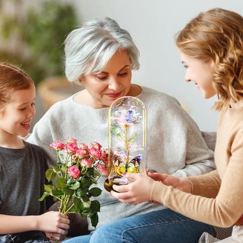 Birthday Gifts for Women Mom, Galaxy Glass Rose Forever Eternal Crystal Flower Light Up Rose in Glass Dome with Butterfly Mothers Day Christmas Rose Gifts for Her Wife Daughter Friends Colorful