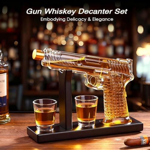 Whiskey Decanter Sets for Men, 10.5oz Handcrafted Gun Decanter Set with Shot Glass, Unique Christmas Gift Idea for Dad, Husband, Boyfriend, Brother, Gun Liquor Dispenser Fun Conversation Starter