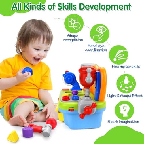 Montessori Toys with Sound Lights Effect, Shape Sorter, Christmas Birthday Gift for Boy Girl,Engineer Pretend Play Workbench Toys for 1 Year Old Boy, Musical Toy Tool Bench, 1 2 3 Years old Boy Gifts B08345YDXJ