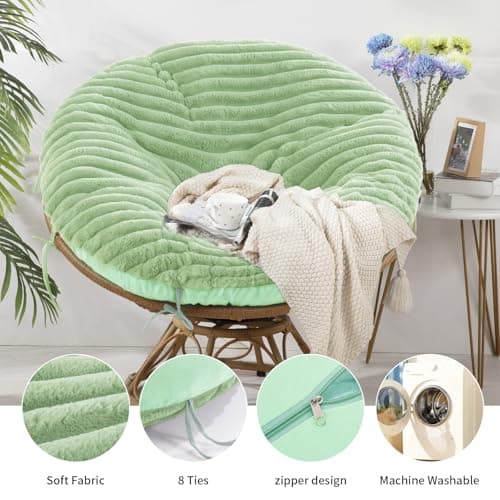 HOMBYS Fluffy Shaggy Cover for Papasan Chair Cushion, Plush Faux Fur Slipcover ONLY, (Without Cushion) Removable Soft Papasan Cushion Covers with 8 Ties, (Sage Green, 55"x55")