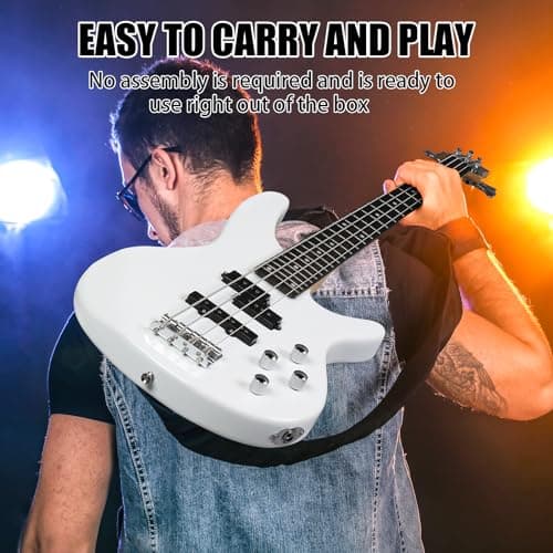 Ktaxon 4 String Electric Bass Guitar, Full Size Standard Right Handed Rosewood Fingerboard Beginner Kit with Cable Wrench Tool (White)