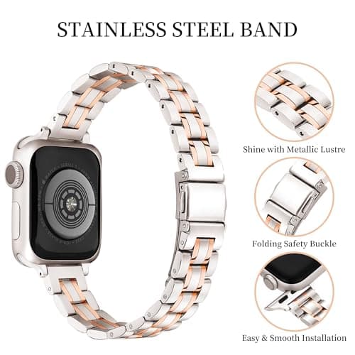 Slim Metal Band for Apple Watch Bands for Women 41mm 40mm 42mm(S10/11) 38mm iWatch Bands, Thin Dressy Fancy Strap for Apple Watch Band Series 10 11 Series 9 8 SE 7 6 5 4 3-Starlight+Rose Gold