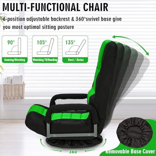 Swivel Floor Gaming Chair w/Armrests,Folding Video Reclining Sofa w/6 Adjustable Position, Padded Backrest & Cushion, Lazy Lounger Couch for E-Sports, Reading, Relaxing, Watching TV, Green