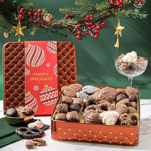 Christmas Chocolate Gift Basket– Holiday Candy Gift Box with Assorted Milk, Dark & White Chocolates – Holiday Food Gift Idea for Men, Women, Family, Corporate- Bonnie & Pop Christmas Style