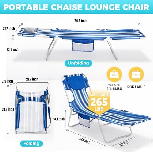 #WEJOY Folding Tanning Chair with Face Hole, 5 Positions Face Down Beach Lounge Chairs with Pillow for Outside Sunbathing Poolside (Blue/White)