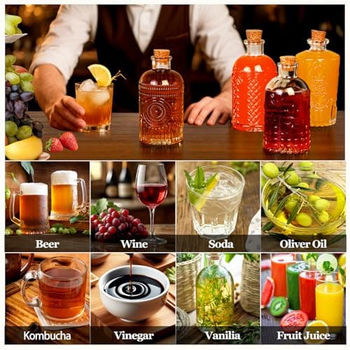 12 Pack 6oz Glass Bottles with Cork Stoppers, 200ml Clear Glass Liquor Bottles with 4 Vintage Patterns, Refillable Whiskey Bottles for Wine, Oil, Vinegar, Kombucha, Wedding Favors