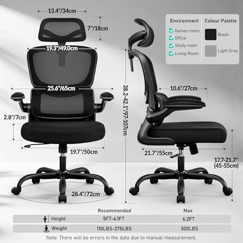 BESTFAIR High Back Ergonomic Office Chair, Breathable Mesh Desk Chair with Lumbar Support, Adjustable Headrest, Flip-up Armrests, Computer Gaming Chair, (Black)