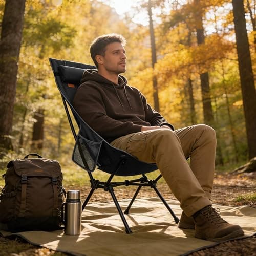 TOBTOS Portable High Back Camping Chair, Support 440 lbs, Ultralight Folding Chair with Head Support, Compact Backpacking Chair for Outdoor Camp Backpacking Fishing (Black)