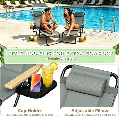 Folding Lounge Chair with Canopy, Tanning Chair with 4-Position Reclining Back, Folding Sun Lounger, Outdoor Lounge Chair for Beach, Poolside, Backyard, Camping, UPF 50+ Sun Shade, 300 LBS