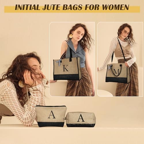 YOOLIFE Christmas Gifts for Women - Initial Jute Tote Bag & 2 Makeup Bags Personalized Gifts for Women Teacher Mom Friend