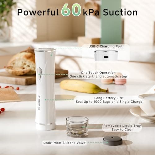 Mehomeli Compact Vacuum Sealer for Food (Vacuum Sealer Machine + 30 Reusable Vacuum Bags), Powerful Handheld Vacuum Sealer Machine, Seal Food 6X Fresh Longer, Portable & Wireless, Easy-Clean