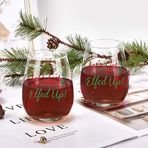 Let's Get Elfed Up Christmas Wine Glass, 15 Oz Funny Stemless Wine Glasses for Women Friends Men, Gift Idea for Christmas Wedding Party, Set of 2