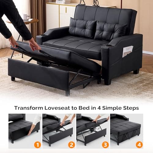 VINGLI Black Futon Sofa Bed Convertible Loveseat Sleeper Couch, Faux Leather Pullout Sofa Fold Out Couch Bed with USB Ports, Cup Holders, Armrest for Living Room, Bedroom Apartment Room