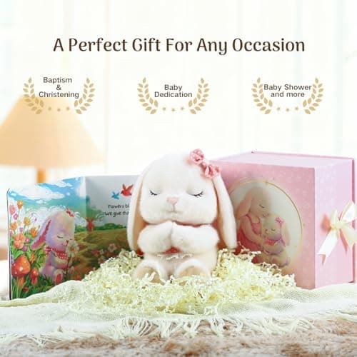 Baptism Gifts for Girl, Catholic Christening, Baby Dedication & Baptismal Gift Set for Baby Girls & Kids, with 9" Musical Praying Bunny Plush Toy & Everybunnies' Blessing Book in Keepsake Box