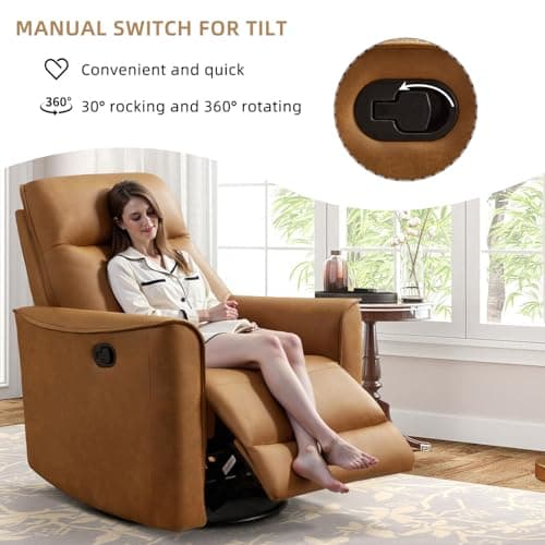 CANMOV Swivel Rocker Recliner, Glider Rocking Chair, Nursing Chairs Swivel Glider Recliners with Soft Backrest, Leathaire Manual Reclining Sofa for Living Room Bedroom Apartment, Brown