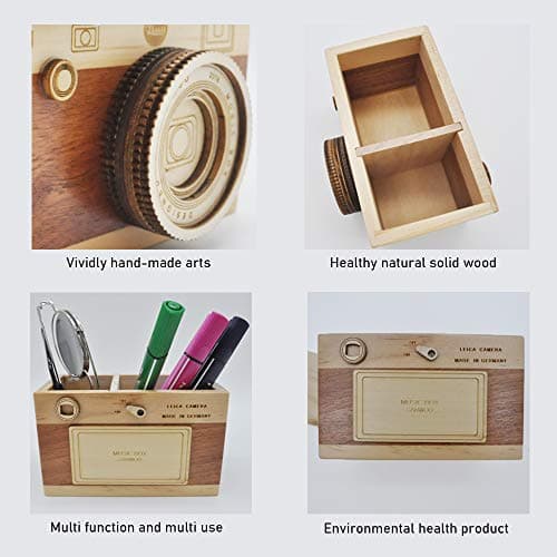Zak-ka Camera Wooden Pencil Holder Creative Desktop Pencil Holder Stationary Makeup Organizer Decor Holder for Office Home (camera)