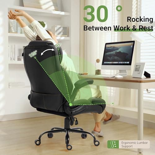 Office Chair, Big and Tall Executive Chairs with Lumbar Support for Back Pain, Breathable Desk Computer Chair with Adjustable Flip-up Armrests, Wide Cushion Swivel Home Office Chair Black PU