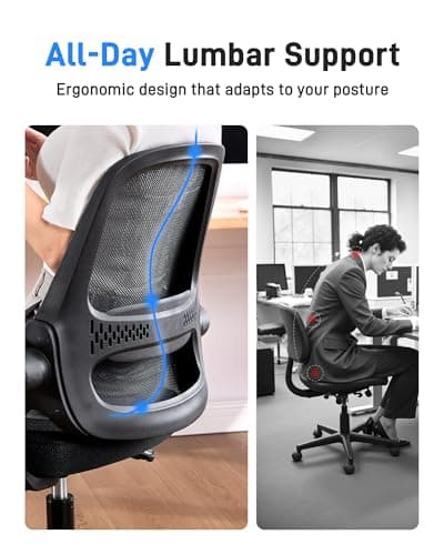 Ergonomic Mesh Office Chair for Home Office, Flip-Up Arms, Breathable Mesh Back & Thick Seat Cushion, Swivel Rolling Computer Desk Chair, BIFMA Certified, Supports 300 lbs (Black Frame/Black Seat)