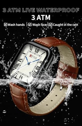 CARLIEN Mens Vintage Dainty Rectangle Square Leather Strap Simple Full Roman Numerals Dial Quartz Watch Gold Silver Tone Case Business Fashion Dress Wristwatch