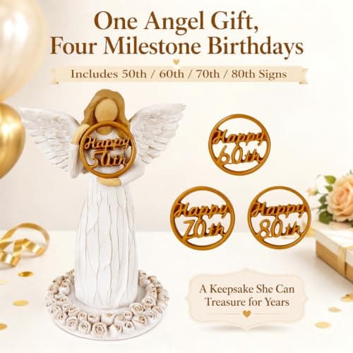 Hand-Painted Resin Angel Figurine with Rose Base, Milestone Birthday Gift for Mom Grandma Wife Sister 50th Birthday Gifts for Women - Replaceable 60th, 70th, 80th Age Plates B0H8CG1828