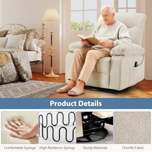 Recliner Chair, Durable & Tear-Resistant Massage Chair with Heating, Premium Chenille Fabric Massage Recliner Supports up to 380 LBS for Living Room, Bedroom, Beige