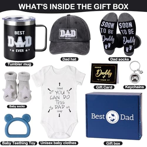 New Dad Gifts Box, 9 Pcs First Time Dad Gifts, Dad to Be Gifts for 1st Time with Tumbler Hat Onesie Socks Keychain for Baby Shower,Unique Kit for Soon to Be or Expecting Father
