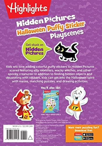 Halloween Hidden Pictures Puffy Sticker Playscenes: Halloween Activity Book for Kids 36 Featuring Over 175 Hidden Objects, 50 Reusable Puffy Stickers ... Games (Highlights Puffy Sticker Playscenes)