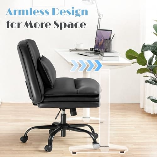 Furmax Criss Cross Legged Office Chair with Wheels, Armless Extra Wide Seat Swivel Desk Chair, Adjustable Height Comfy Task Chair with Thick Cushion for Home Office Bedroom Vanity (PU Leather, Black)
