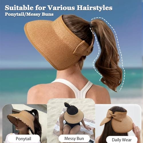 Rosoz Women's Sun Visor Hats Wide Brim Straw Beach Hat Ponytail Hats for Women Foldable Floppy