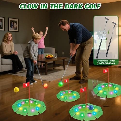 VATOS Light up Golf Putting Game Set - Glow Mini Golf Toy with 4 LED Holes, 4 Balls(2 Glow), Extendable Putter,Build Your Own Course at Home Indoor Outdoor Family Fun Golf Gifts for Kids Adults Golfer