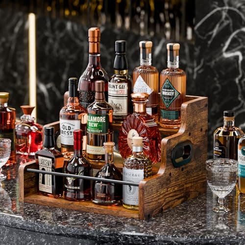 KLM Liquor Bottle Display Shelf, Coffee Syrup Rack Organizer, 3 Step Countertop Liquor Wine Rack, mini bar,liquor cabinet, Home Retro Bar Shelf Stand for Liquor Whiskey, Spirits B0D8TFHH3F