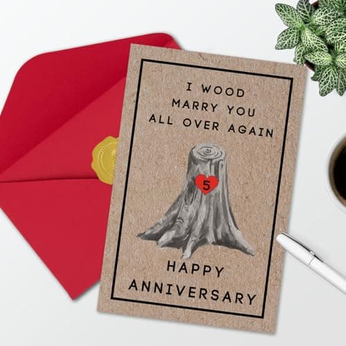 Happy 5th Anniversary Card for Women Men, 5th Wedding Anniversary Wood Card for Him Her,Fifth Anniversary Card for Boyfriend, 5 Years Married Gift for Husband
