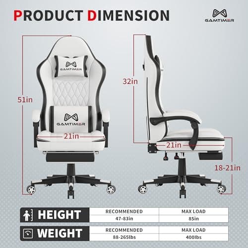 Gamtimer Gaming Chair with Footrest, Ergonomic Computer Chair, PU Breathable Material with Headrest and Lumbar Support, Suitable for Silla Gamer and Adults (White)