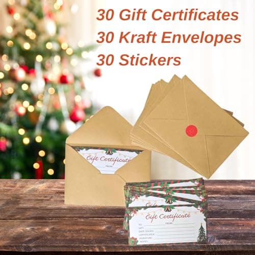 30 Pack Gift Certificates for Business with 30 Kraft Envelopes 30 Stickers for Holiday Christmas Small Business Restaurants Spa Beauty Makeup Hair Salon