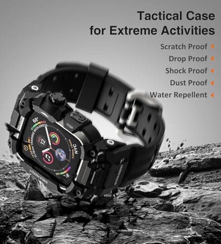 ULTIMAL Rugged Case with Band for Apple Watch 44mm,Compatible with Apple Watch Series SE 3/SE 2/SE Generation/6/5/4, Military Grade Shockproof Bumper Cover for iWatch Tactical Band Men (Black, 44mm)