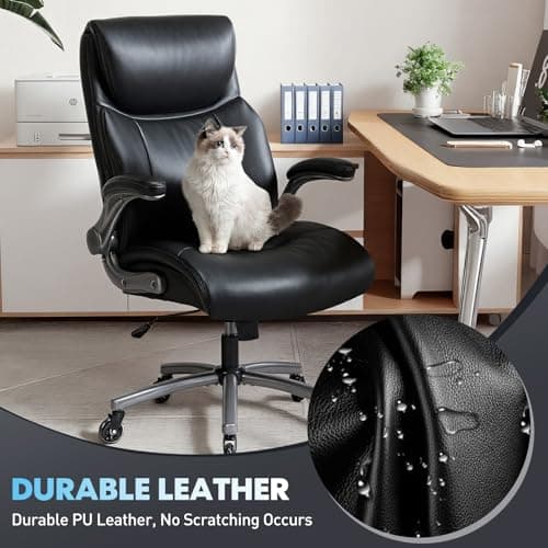 MALOL 300lbs Ergonomic PU Leather Office Chairs, High-Back y Home Computer Executive Chair with Lumbar Support and Flip-Up Arms, Black