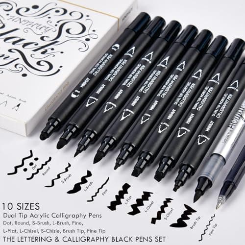 Dual Tip Black Acrylic Calligraphy Pens, 10 Size Calligraphy markes for Writing, Hand Lettering Pen for Art Drawing, Sketching, Scrapbooking, Brush Pens Calligraphy Set for Beginners