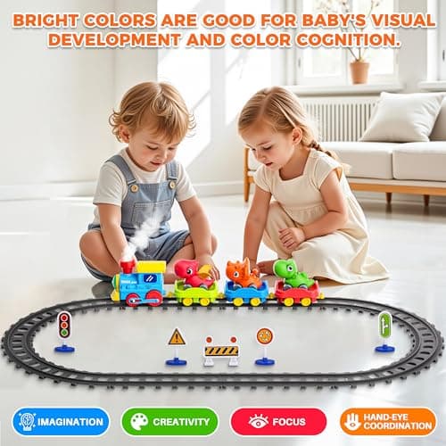 Train Set for Toddlers w/Steam, Music & Lights - Electric Train Toys for Kids w/Tracks Accessories, Including 3 Dinosaur Car and 3 Trailer; Gifts for 1-3 4 5 6+ Years Old Boys Girls