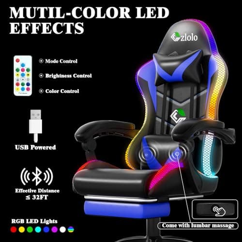 Czlolo Gaming Chair, Racing Style RGB LED Lights Gaming Chairs for Adults and Kids, Lumbar Massager Gamer Chair, High Back Reclining Computer Chair with Footrest and Headrest (Black/Blue)