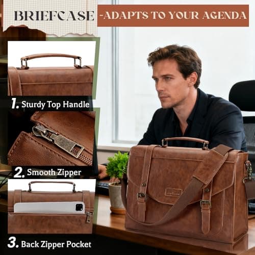 RAINSMORE Flap Messenger Bag for Men Vintage PU Leather Laptop Bag 15.6 Inch Retro Briefcase with Wallet Satchel Computer Bag