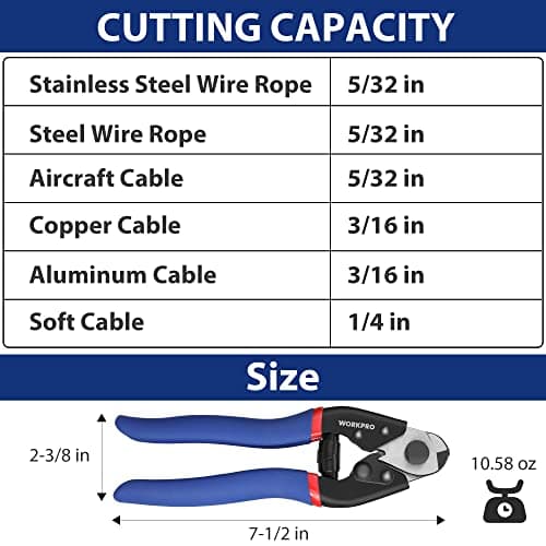Chrome Vanadium Steel, Safety Lock, Non-Slip Handle for Hard Wire Ropes, Steel Wires and Aircraft Cables WORKPRO Cable Cutter, 7-1/2 Inch Heavy Duty Wire Rope Cutter B0B8MCVSZP