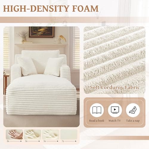 65.4" Chaise Lounge Chair Indoor, Corduroy Oversized Boneless Lounge Chair Single Sofa Bed with 3 Pillows, Deep Seat Comfy Upholstered Reading Chair for Living Room, Bedroom, Apartment Beige