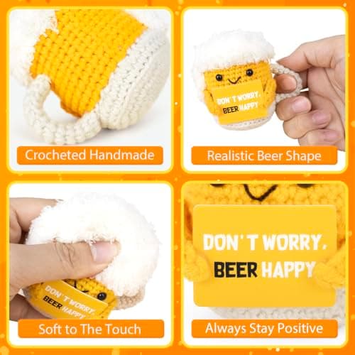 A AIFAMYFunny Positive Coffee, Emotional Crochet Doll, Cute Crochet Potato Partner Toy with Positive Card Cheer Up Funny Gag Gifts for Best Friend Birthday Women Teacher Fall(Beer