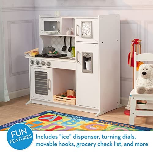 Melissa & Doug Wooden Chef’s Pretend Play Toy Kitchen with “Ice” Cube Dispenser – Cloud White, Kids Kitchen Play Set, for Toddlers and Kids Ages 3+ - FSC Certified